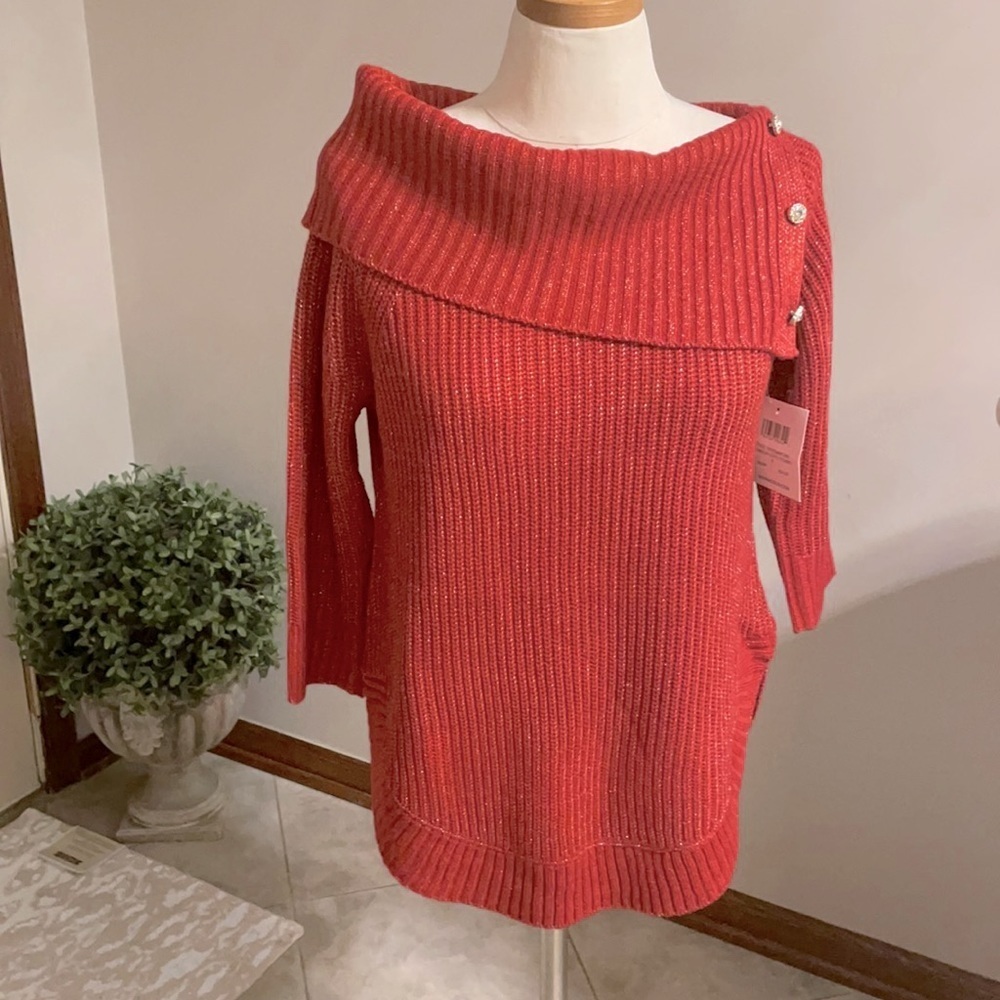 NWT 89th Madison ribbed Cowl boat neck sweater Lurex gold thread throughout S